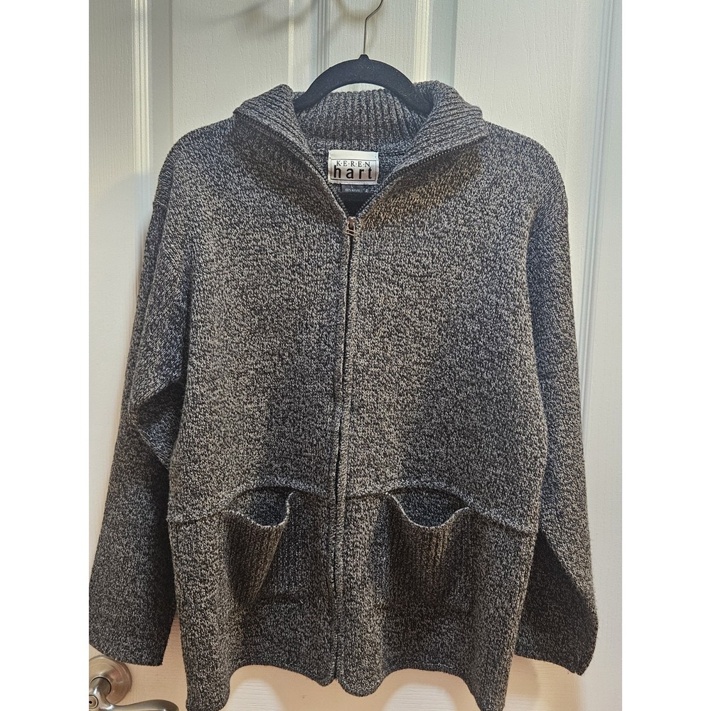 Womens Large Keren Hart 100% ACRYLIC Zip Up sweater Black And gray‎ tones.